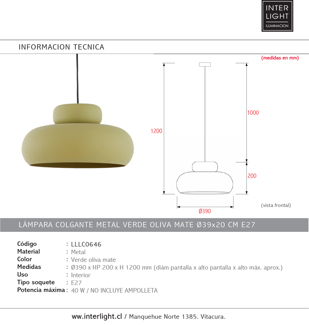 Lámpara colgante metal verde oliva mate Ø39x20 cm E27 - LLLC0646