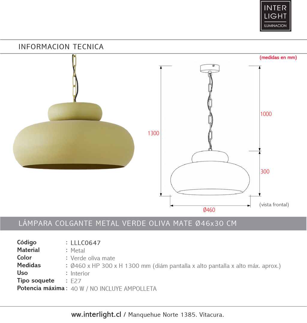 Lámpara colgante verde oliva mate Ø46x30 cm E27 - LLLC0647
