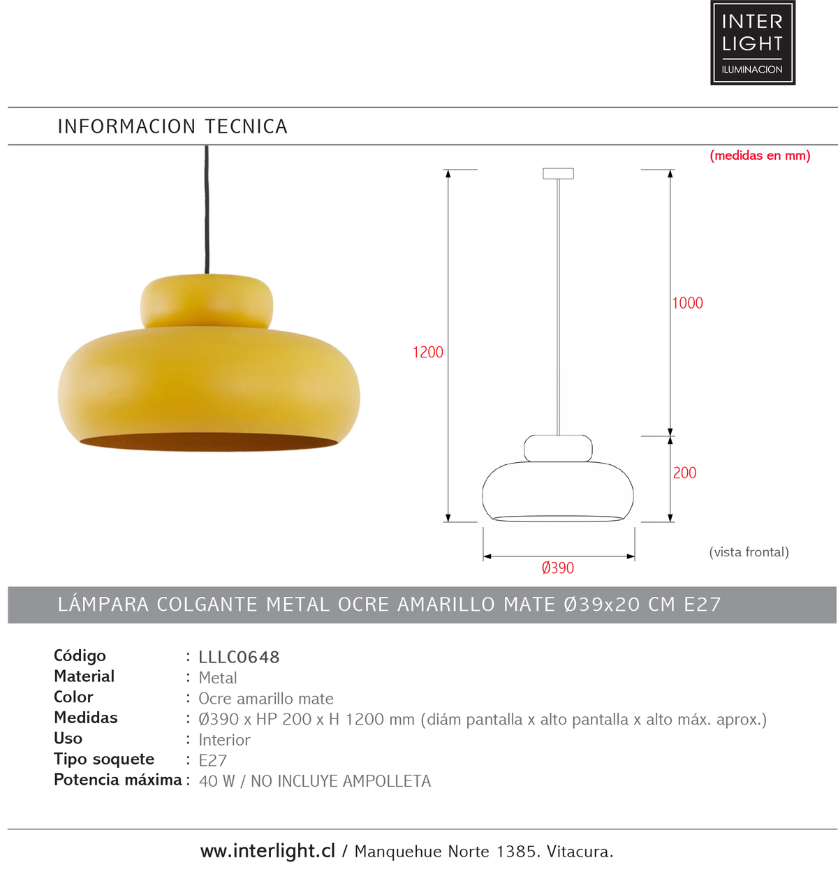 Lámpara colgante ocre amarillo mate Ø39x20 cm E27 - LLLC0648