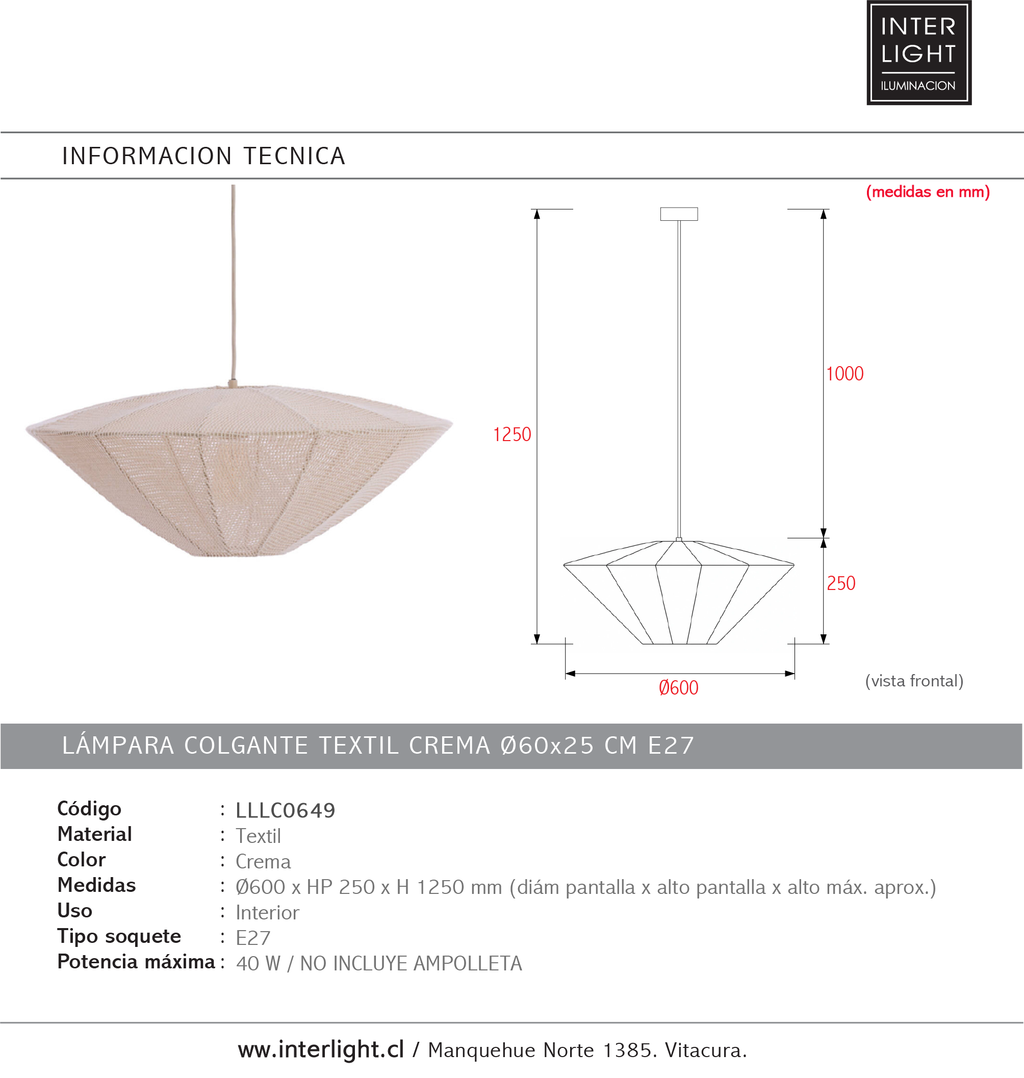 Lámpara colgante textil crema Ø60x25 cm E27 - LLLC0649