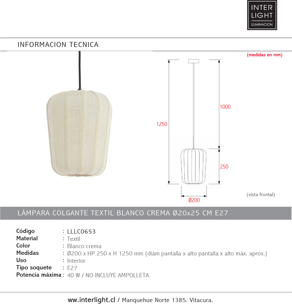 Lámpara colgante textil blanco crema Ø20x25 cm E27 - LLLC0653