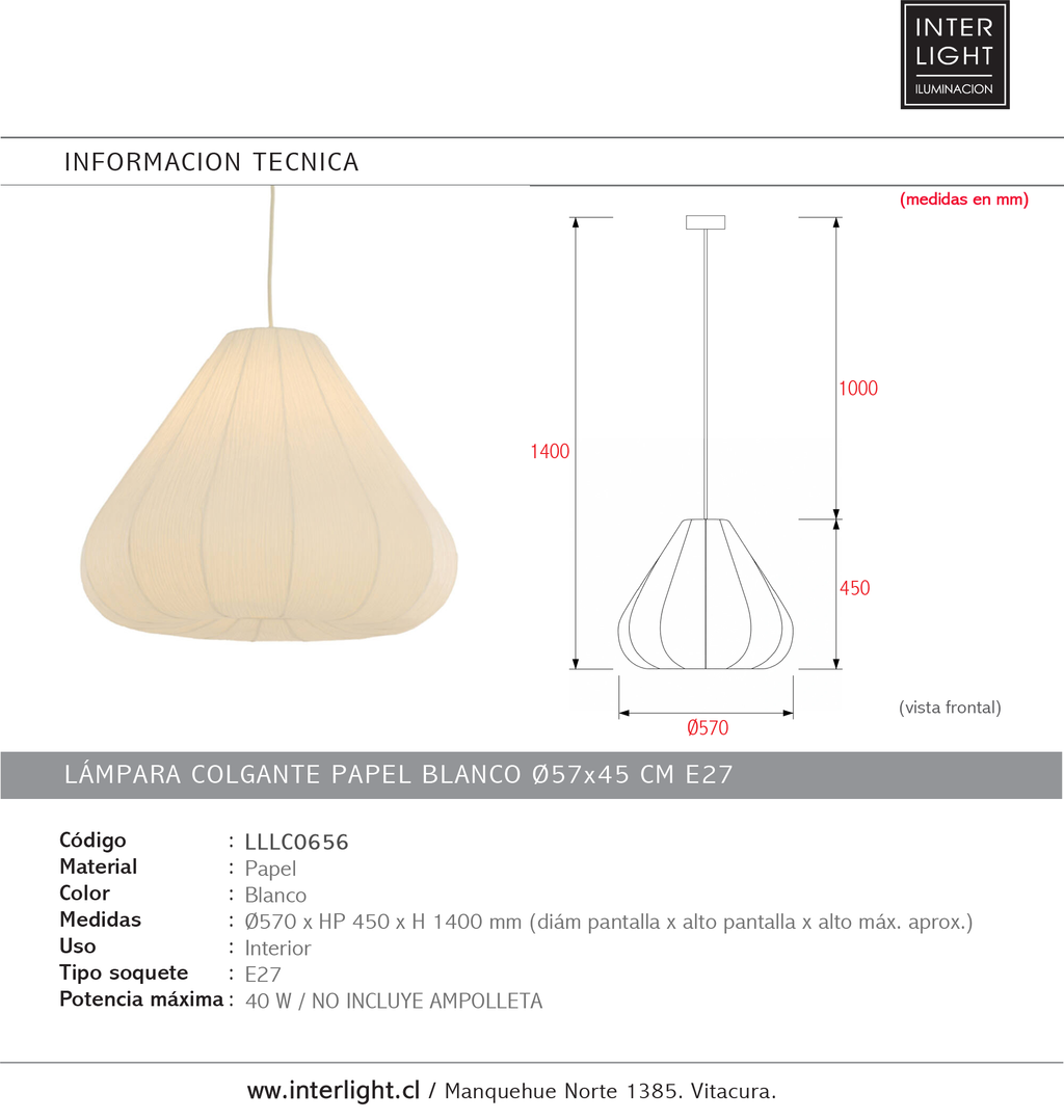 Lámpara colgante papel blanco Ø57x45 cm E27 - LLLC0656