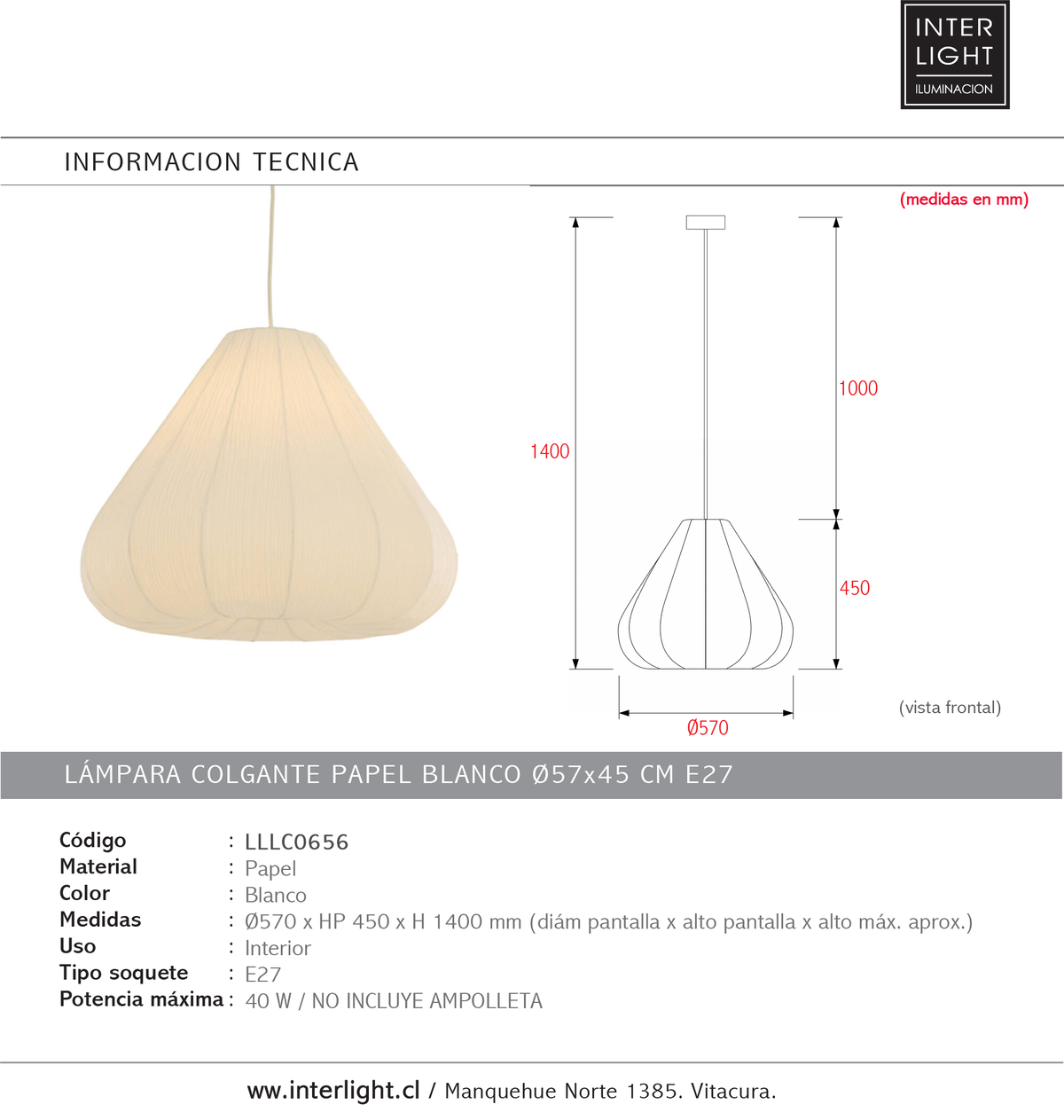Lámpara colgante papel blanco Ø57x45 cm E27 - LLLC0656