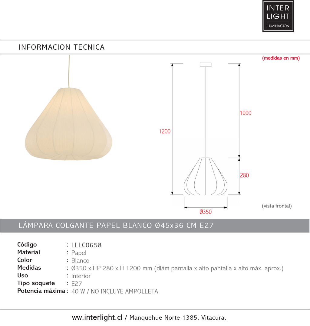 Lámpara colgante papel blanco Ø35x28 cm E27  - LLLC0658