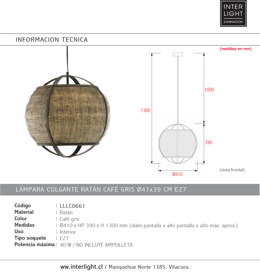 Lámpara colgante ratán café gris Ø41x39 cm E27 - LLLC0661