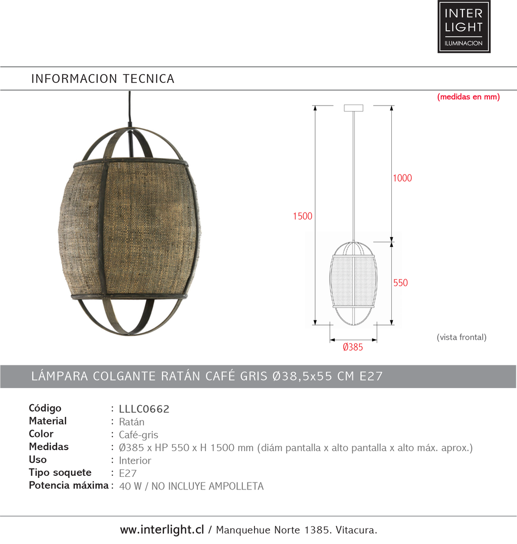 Lámpara colgante ratán café-gris Ø38,5x55 cm E27 - LLLC0662