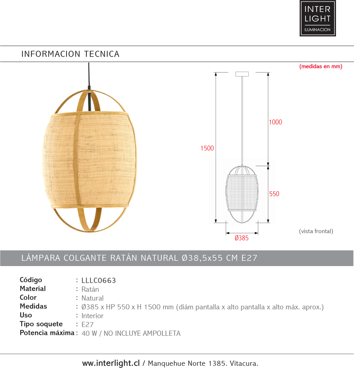Lámpara colgante ratán natural Ø38,5x55 cm E27 - LLLC0663