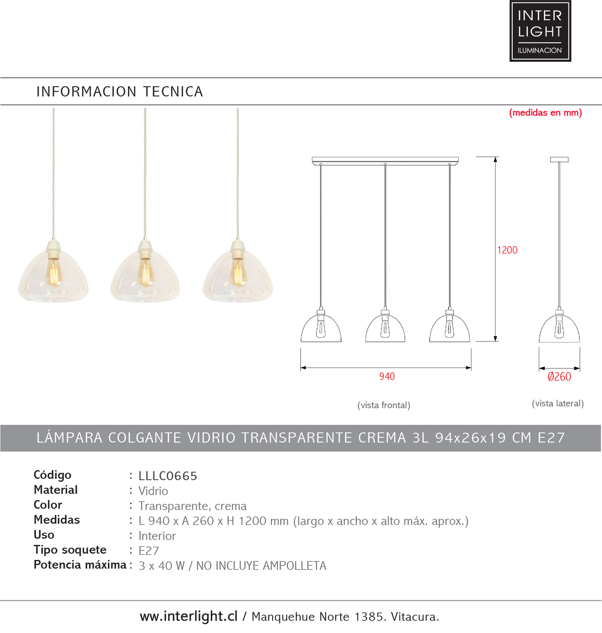 Lámpara colgante vidrio transparente crema 3L 94x26x19 cm E27 - LLLC0665