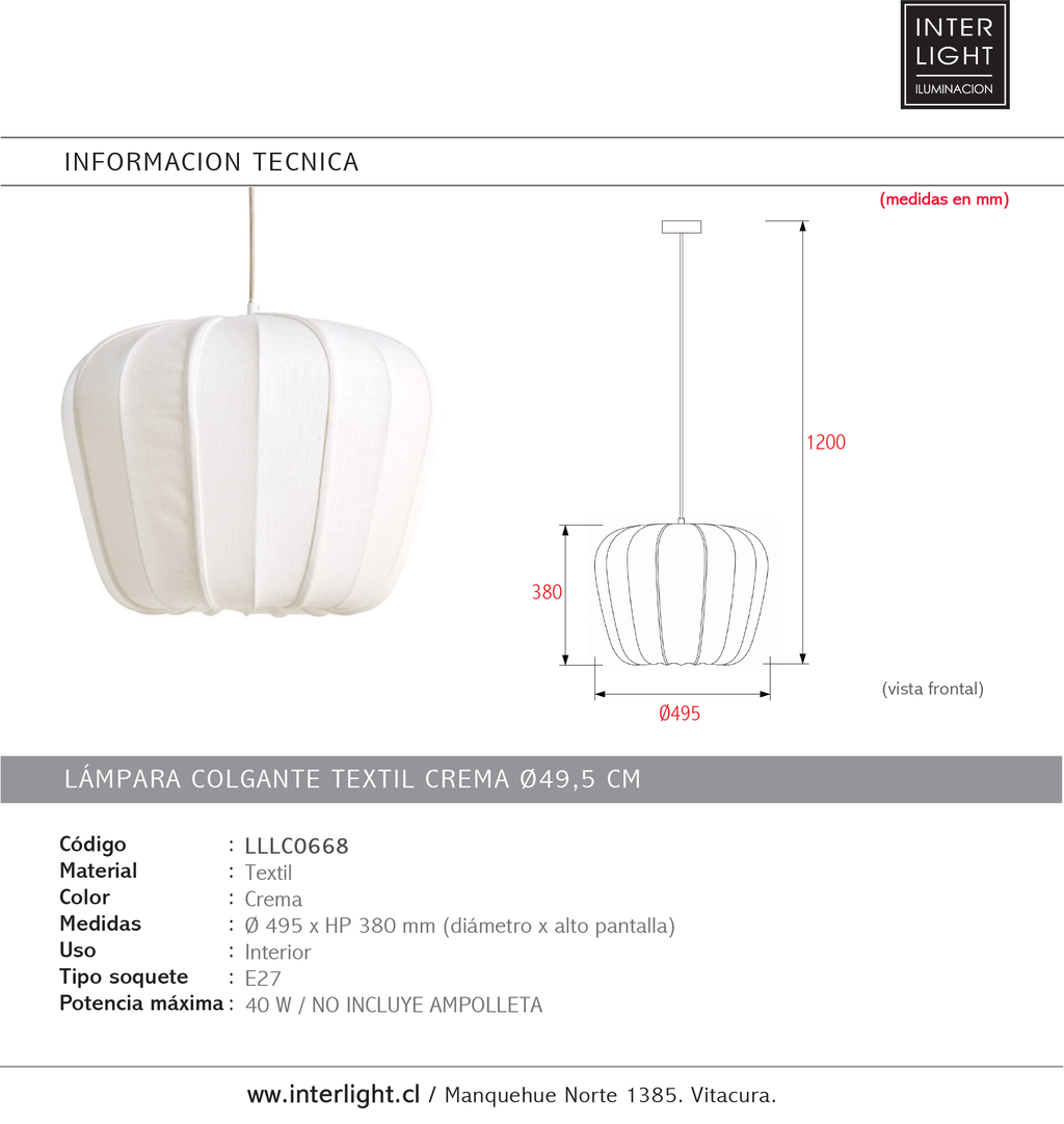 Lámpara colgante textil crema Ø49,5x38 cm - LLLC0668