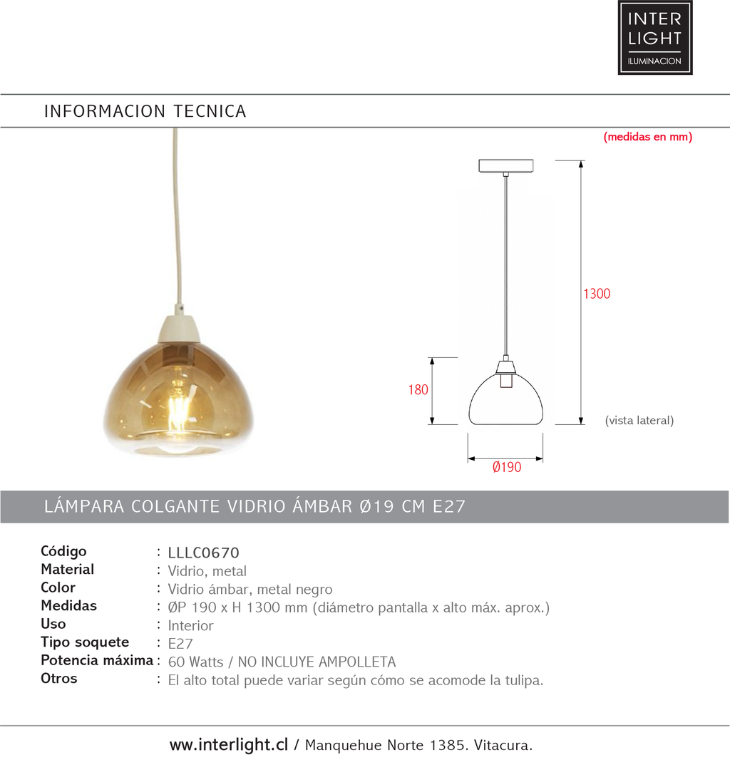 Lámpara colgante vidrio ámbar Ø19 x 130 cm E27 - LLLC0670