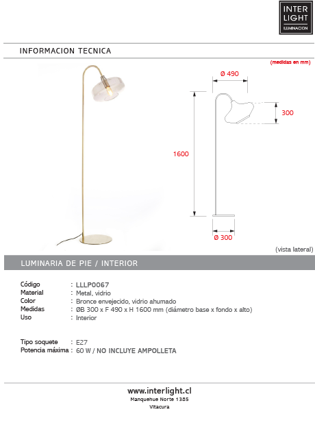 Lámpara de pie metal bronce vidrio ahumado Ø30x160 cm E27 -LLLP0067