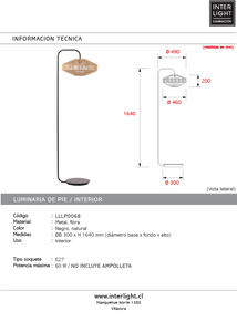 Lámpara de pie metal negro pantalla fibra Ø30x164 cm E27 - LLLP0068