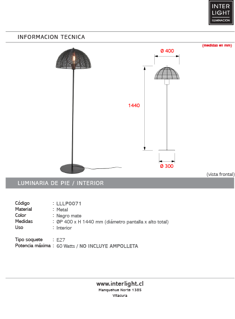 Lampara de pie 40x141cm negro mate E27 - LLLP0071
