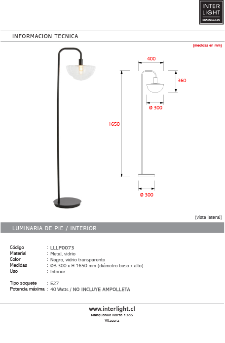 Lámapara de pie metal negro vidrio transparente E27 - LLLP0073