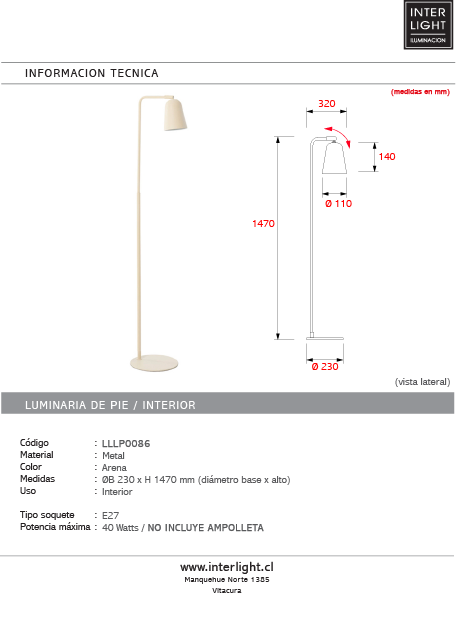 Lámpara de pie arena  Ø23x147cm E27 - LLLP0086