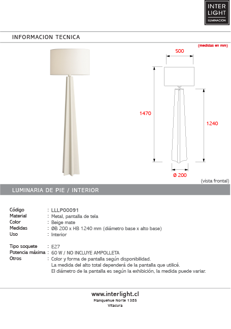 Lámpara de pie metal beige mate Ø20x124 cm E27 - LLLP0091