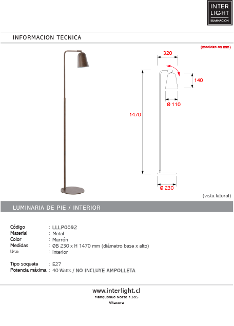 Lámpara de pie marrón Ø23x147cm E27  - LLLP0092