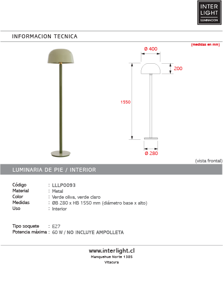 Lámpara de pie metal Ø40x155 cm verde oliva verde claro E27 - LLLP0093