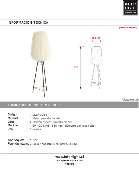 Lámpara de pie meta marrón oscuro pantalla blanco Ø42x133 cm E27- LLLP0094