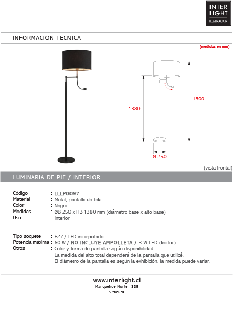 Lámpara de pie negro Ø25x138 cm E27 3W LED - LLLP0097
