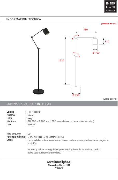 Lámpara de pie metal negro Ø25x38 cm G9 - LLLP0099