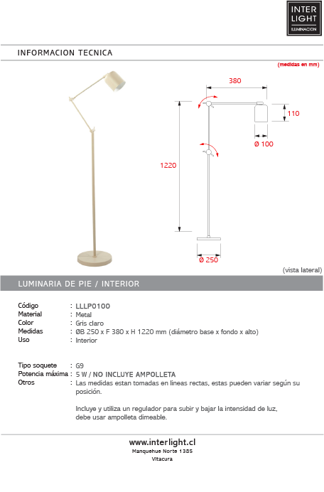 Lámpara de pie metal gris claro Ø25x38cm  G9 - LLLP0100