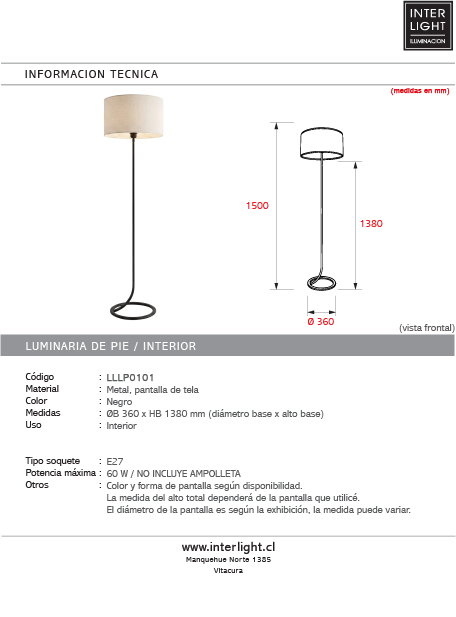 Lámpara de pie metal negro Ø36x138 E27 - LLLP0101