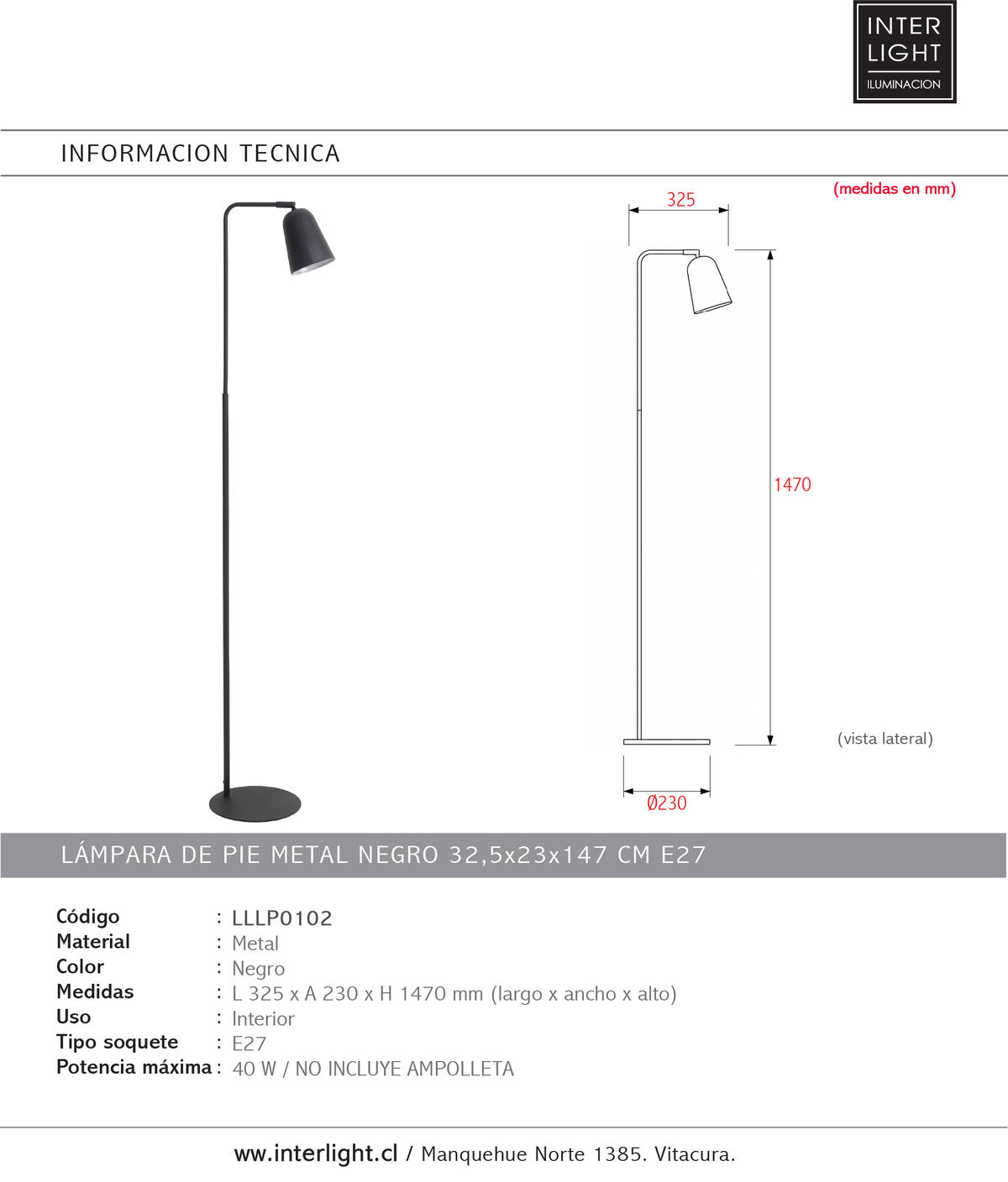 Lámpara de pie metal negro 32,5x23x147 cm E27 - LLLP0102