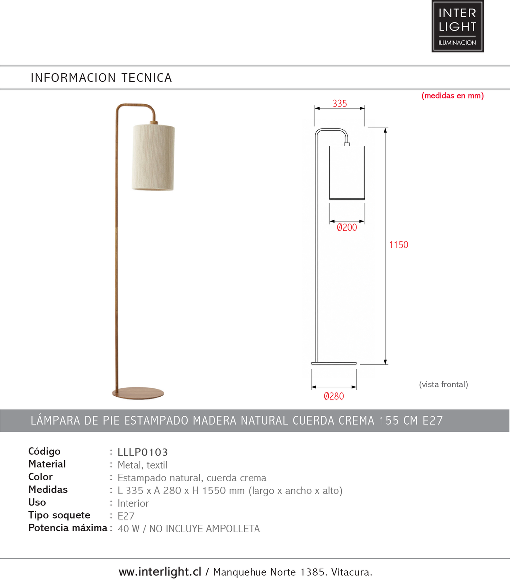 Lámpara de pie estampado madera natural cuerda crema 33,5x28x155 cm E27 - LLLP0103