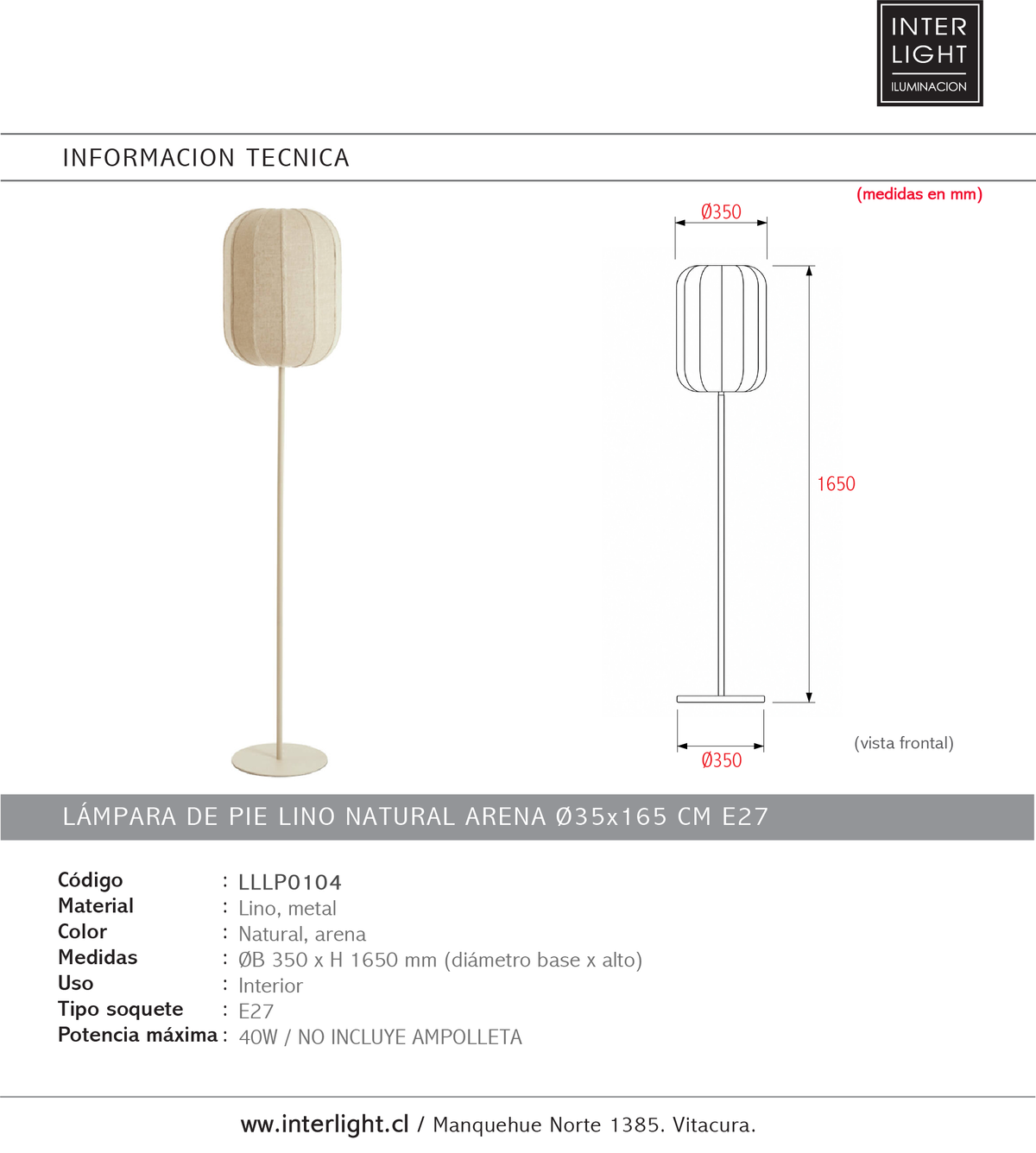 Lámpara de pie lino natural arena Ø35x165 cm E27 - LLLP0104