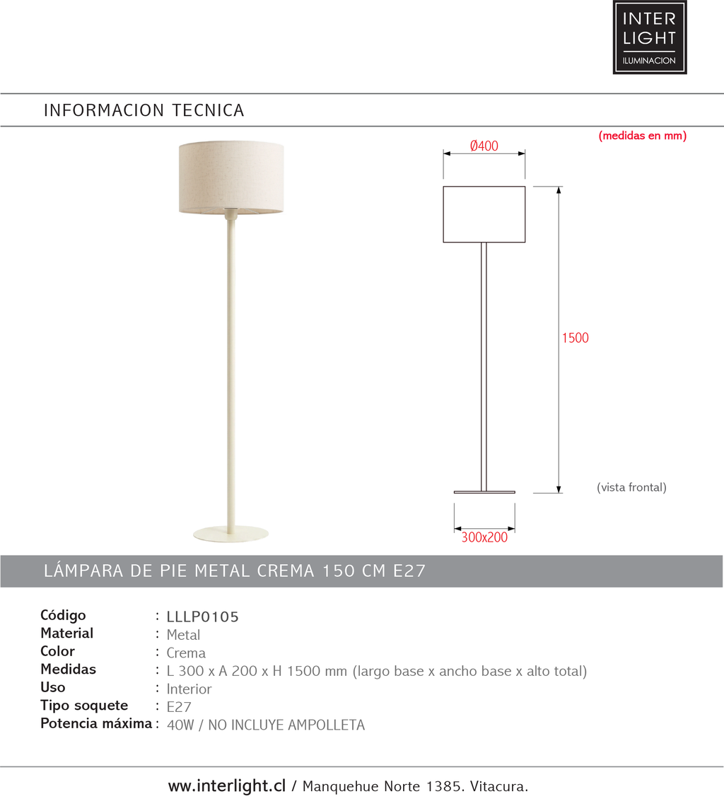 Lámpara de pie crema 30x20x130 cm - LLLP0105