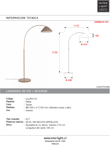 Lámpara de pie metal taupe Ø40x210 cm E27- LULP0131
