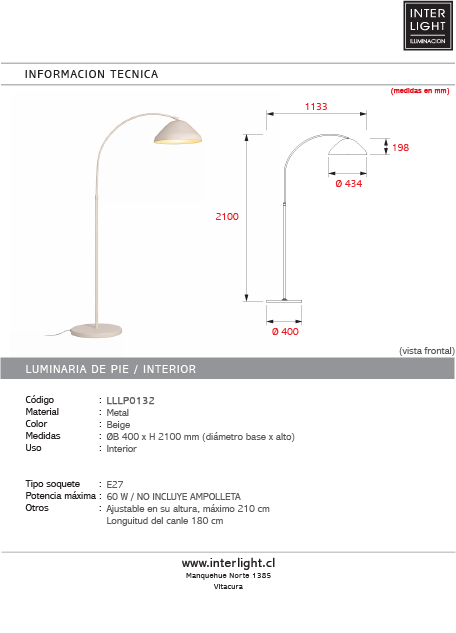 Lámpara de pie metal beige Ø40x210cm E27- LULP0132