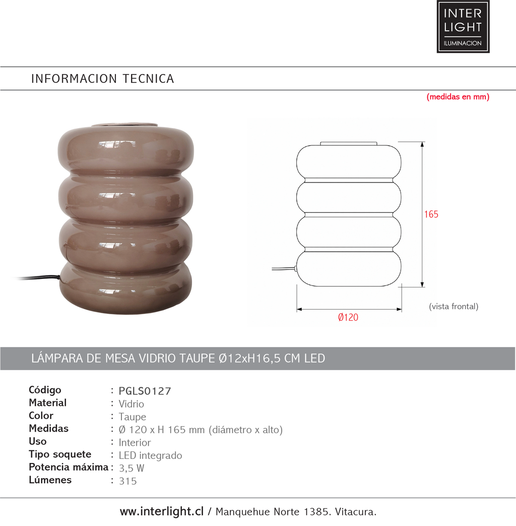 Lámpara de mesa vidrio taupe Ø12xH16,5 cm LED - PGLS0127