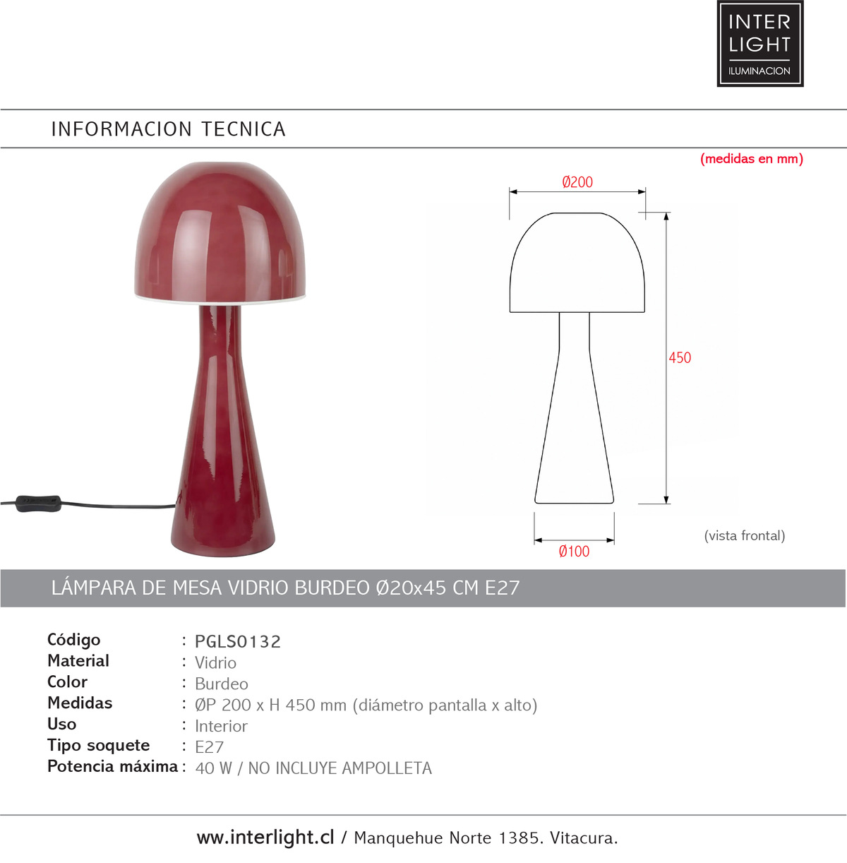 Lámpara de mesa vidrio burdeo Ø20x45 cm E27 - PGLS0132