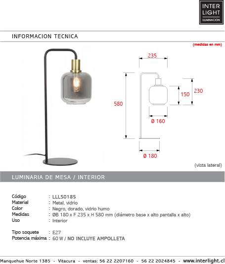 Lámpara sobremesa metal vidrio negro dorado humo Ø 18x58 cm E27 - LLLS0185