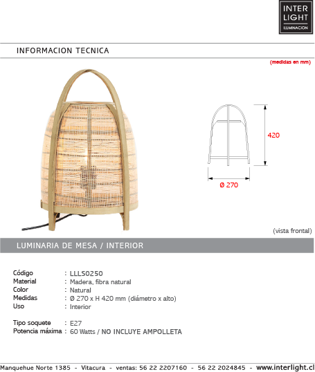 Lámpara sobremesa madera fibra natural Ø27x42 cm E27 - LLLS0250