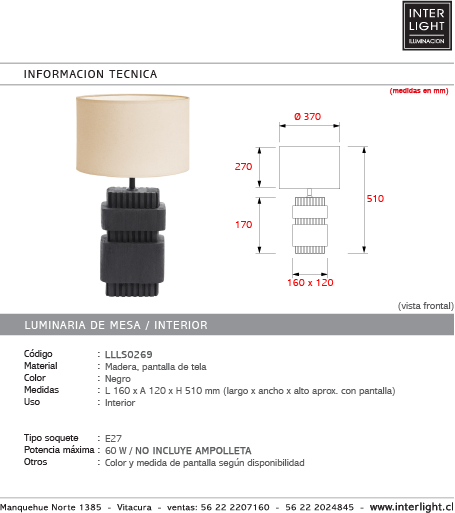 Lámpara sobremesa madera negro pantalla tela 16x12x51 cm E27 - LLLS0269