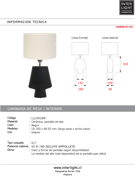 Lámpara sobremesa negro 23x13x40 cm E27 - LLLS0289