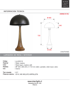 Lámpara sobremesa pantalla metal negro base madera Ø40x72 cm E27 - LLLS0310