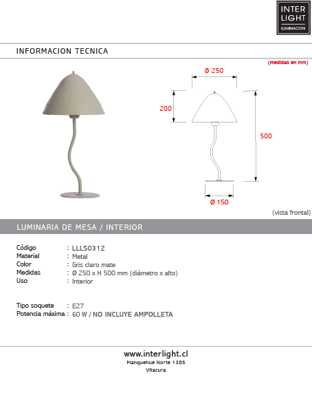 Lámpara sobremesa metal gris claro mate Ø25 x 50 cm E27 - LLLS0312