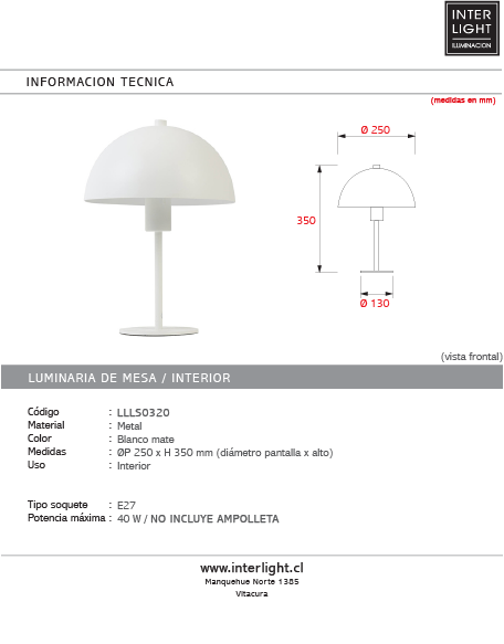 Lámpara de mesa Ø25x35 cm blanco mate E27- LLLS0320