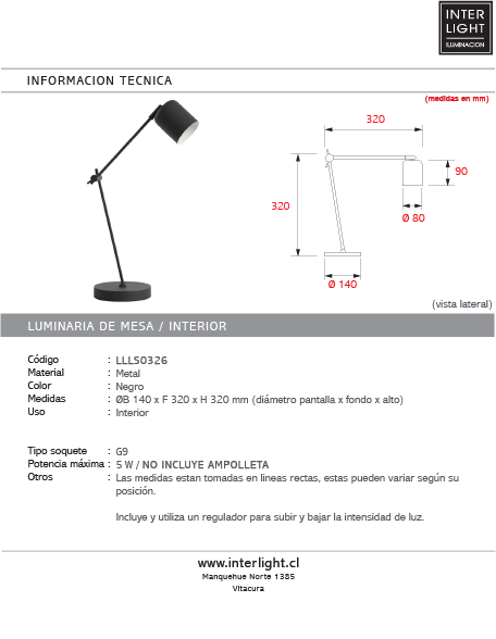 Lámpara de mesa metal negro Ø14X32 cm G9 - LLLS0326