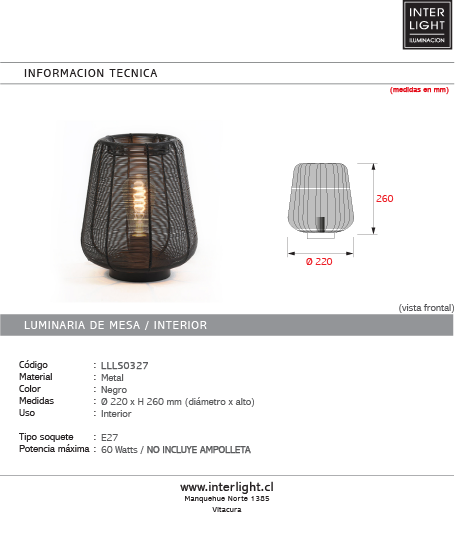 Lámpara sobremesa metal negro Ø22x26cm E27 - LLLS0327