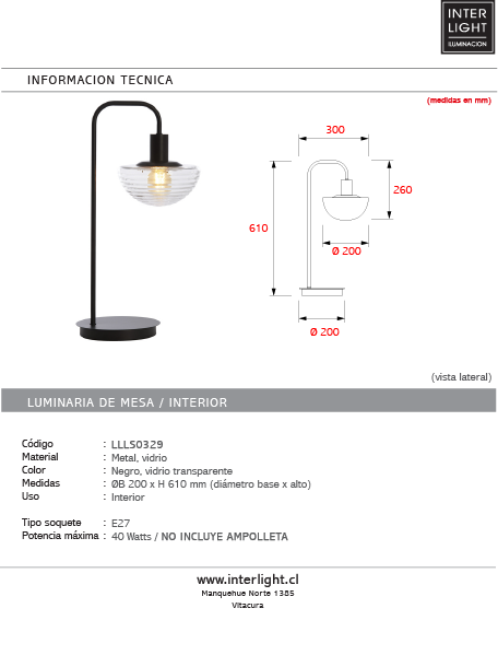 Lámpara sobremsa metal negro vidrio transparente 30x20x61 cm E27 - LLLS0329