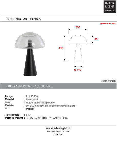 Lámpara sobremesa metal negro vidrio transparente Ø30x43 E27 - LLLS0334