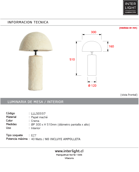 Lámpara papel maché crema Ø26x31 cm E27 - LLLS0337