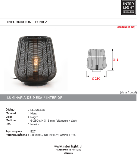 Lámpara sobremesa metal negro Ø29x31,5 cm E27 - LLLS0338