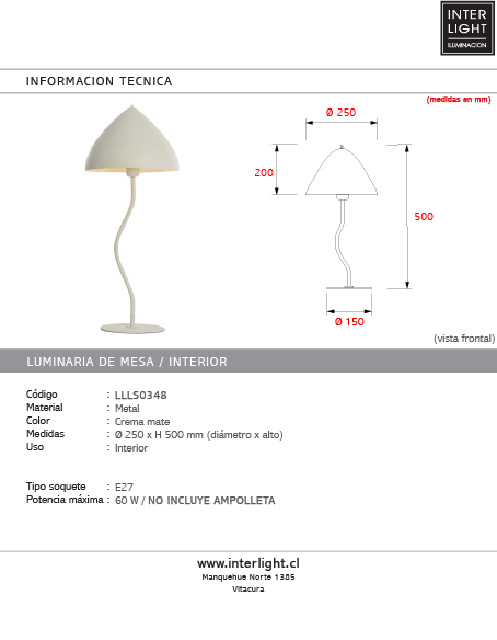 Lámpara sobremesa metal crema mate Ø25 x 50 cm E27 - LLLS0348