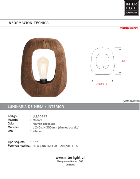 Lámpara de mesa madera marrón chocolate 24x8x30 cm  E27 - LLLS0353